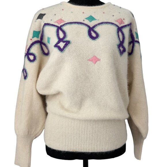 Vintage Sweaters - Vintage 80s Pastel Angora Geometric Sweater Cream Ivory Large